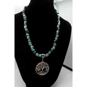 Turquoise bead silver tone necklace tree of life pendant 18"